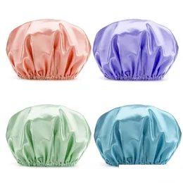 Badverktyg Tillbehör Dubbelskikt Dusch Cap Waterproof ADT Women Bath Caps Shampoo Hat Kitchen Ladies Oil -Roof 015 Drop Delivery DHU90