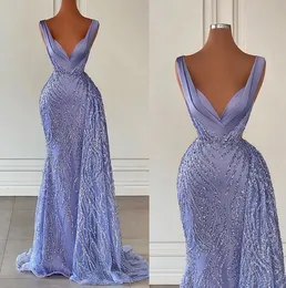 Romantic Lilac Prom Dresses Deep V Neck Sleeveless Party Dresses Sequined Lace Floor Length Custom Made Evening Dress