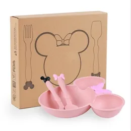 3PCSSet Wheat Straw Baby Dishes Cartoon Table Set Kids Dinner Platos Feeding Plate Training Bowknot Bowl Spoon Fork 220805