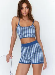 Women's Tracksuits Women Houndstooth Print Sleeveless Bodycon Knitted 2pcs Outfit Y2k Spaghetti Strap Crop Tops Knit Shorts Set