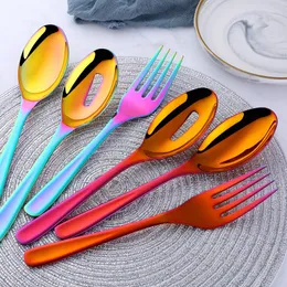 Platthandwerte Sets 3propes farbenfrohe Gold Edelstahl großer Salat Serving Löffel Gabel Spork Colander Löffel Set Küchen Utensilien Tabelle Geschirr