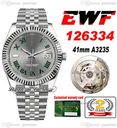 EWF Just 126334 A3235 Orologio da uomo automatico 41 Lunetta scanalata Quadrante grigio Marcatori romani verdi JubileeBracciale in acciaio Super Edition Scheda della stessa serie gratuita Puretime A1