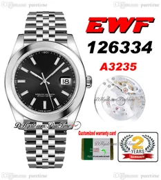 EWF Just 126330 A3235 Orologio automatico da uomo 41 Lunetta lucida Quadrante nero Indici a bastoncino bianco Bracciale JubileeSteel Super Edition Gratis Stessa serie Card Puretime C3