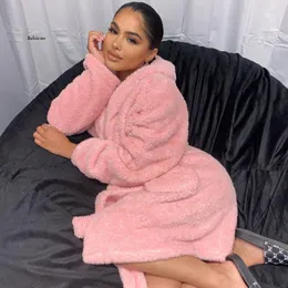 Women's Sleepwear Women's Bathrobe Nightgown Thick Warm Robe Winter Solid Color Plush Pajamas Pink White Cute Animal Flannel Bath Women