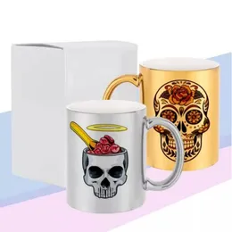 11oz Sublimation Electroplating Ceramics Mugs Thermal Transfer Mirror Mug with Handle DIY Coffee Water Bottle US Warehouse B6