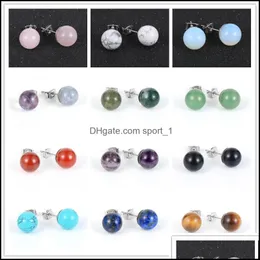 Stud 10Mm Women Natural Stone Round Beads Stud Lapis Lazi Green Tanglin Earring Tiger Eye Amethysts Stainless Steel Ear Dhseller2010 Dhxpc