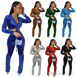 Women Korean Velvet Tracksuits Two Piece Set Long Sleeve Bandage Crop Top och staplade byxor jogger kostymer sportkläder