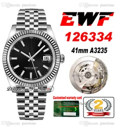 EWF Just 126334 A3235 Automatic Mens Watch 41 Fluted Bezel Black Dial Stick Markers JubileeSteel Bracelet Super Edition Free Same Series Card Puretime F6
