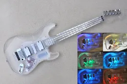 Guitarra elétrica acrílica personalizada de fábrica com 7 cores LED Lights HSH Pickups Transparente pcikguard Chrome Hardware Pode ser personalizado