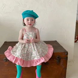 Kız elbise bebek elbise pembe çiçek etek sevimli süspansörler kare boyun kolu Kore tarzı çocuk giyim