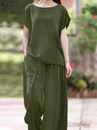 Dwuczęściowe spodnie kobiet Zanzea Ogółzane letnie spodnie Suits 2pcs Dom Kobiet pasujące zestawy mody Bluzka z krótkim rękawem szerokie nogi zestawy