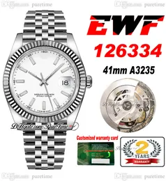 EWF Just 126334 A3235 Automatic Mens Watch 41 Fluted Bezel White Dial Stick Markers JubileeSteel Bracelet Super Edition Free Same Series Card Puretime C3