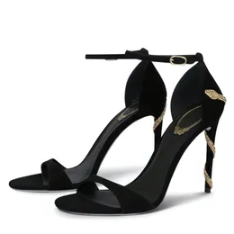 Rhinestone Snake Pattern Stiletto Sandals Women's Deer Skin Black Gold Inlaid Sexy Fashion Single Button High Heels Top Designer 9cm Banquet heels shoes