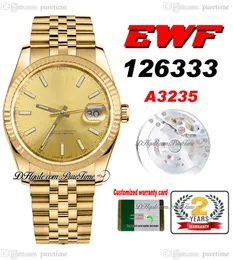 EWF Bara 126333 A3235 Automatisk herrklocka 41 Fluten Bezel 18K Yellow Gold Champagne Stick Dial Jubileesteel Armband Super Edition Samma Series Card Puretime A1