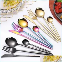 Flatvaruuppsättningar 4st/set Black Gold Cutery Set 18/10 rostfritt stål servis Sierware Flatware Middag Knife Fork Spoon Drop de Dhtib