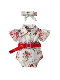 Strampler Blotona Kleinkind Baby Mädchen Sommer Overall Blumen Kurzarm Revers Body Strampler Gürtel Stirnband 2 Stücke Kleidung Outfits