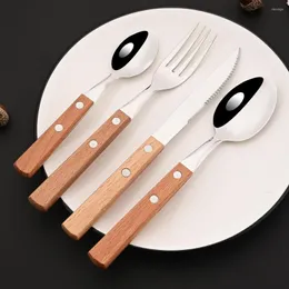 Set di posate Set di posate con manico in legno a specchio Set di posate in acciaio inossidabile 304 4/8/16/24 pezzi Stoviglie per cucchiaio e forchetta per coltelli in argento occidentale