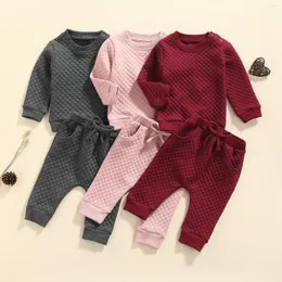 Set di abbigliamento 2 pezzi Tuta autunno per bambini Tinta unita Maglia a maniche lunghe spesse Pullover Pantaloni casual Per bambine 0-24 mesi