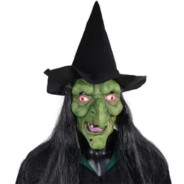 Party Masks Halloween Horror Old Witch Mask with Hat Cosplay Scary Clown Hag Latex Green Face Big Nose Women Costume Props 220908