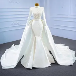 Vestidos de noiva muçulmanos de sereia vestidos de noiva longos com pearas de trem destacável pescoço alto coletor de cetim Vestidos de novia