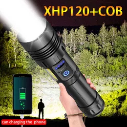 Süper Parlak LED El Fenerleri Yüksek Güçlü XHP120 Cob Cob Flashlight şarj edilebilir taktik el feneri 18650 veya 26650 Battery J220713