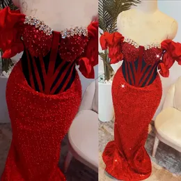 2022 Arabic Aso Ebi Red Mermaid Prom Dresses Beaded Crystals Evening Formal Party Second Reception Birthday Engagement Gowns Dress ZJ898