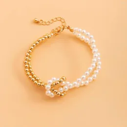 Strand KunJoe Gold Color CCB Round Beads White Imitation Pearl Beaded Bracelet For Jewelry DIY Women Men Simple Bangle Friends