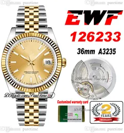 EWF Just 126233 A3235 Automatik-Unisex-Armbanduhr für Herren und Damen, 36 mm, zweifarbiges Gelbgold, Champagner-Zifferblatt, JubileeSteel-Armband, Super Edition, Karte der gleichen Serie, Puretime