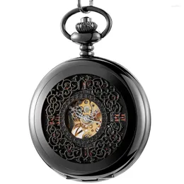 Orologi da taschino Steampunk Hollow Watch Meccanico a carica manuale Vintage Black Gold Fob Chain Pendenti con collana Reloj De Bolsillo