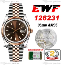 EWF apenas 126231 A3235 Automático Unissex Watch Mens Ladies 36 Two Tone Tone Rose Brown Stick Dial Dial