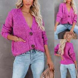 Damen-Strickpullover Lugentolo Rose Red Cardigan Sweater Women Simplee Casual Einreiher V-Ausschnitt Volle Ärmel Crop Top