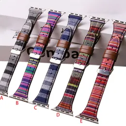 Nylon Stripe Leather Strap For Apple Watch Band 40mm 44mm 45mm 41mm 49mm 38mm 42mm Luxury Wristband IWatch Series 8 7 6 5 4 3 SE Smart Accessories