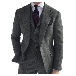 Ternos masculinos Blazers de 3 pe￧as masculinas Tweed Green Wool Tweed Herringbone Business Retro Classic PatternTuxedos para ternos de casamento BlazerpantsVest 220909