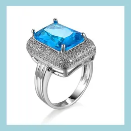 Solitaire Ring Newest 2 Piece/Lot Christmas 925 Sterling Sier Simple Design Huge Square Sky Blue Topaz Amethyst Lovely Crystal Ring F Dhmuv