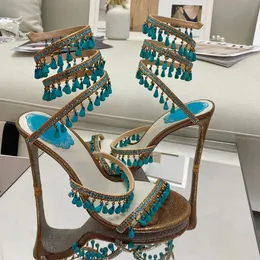 Serpentine wrapped Turquoise Pendant high heels shoes Rhinestone decorative 10cm ROMAN SANDALS red sexy luxury designer banquet dress women's factory shoes