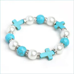 Fios de miçangas Cristo Cross Bracelet Turquoise Rhinestone Pearl Circle Jewelry Drop Deliver