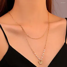 Pendant Necklaces 2022 Trends Double Layer Butterfly Circle Long Clavicle Necklace Vintage Initial Gold Chain For Women Collar Perlas