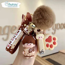 Portachiavi 2022 New Girl Creative Crystal Milk Tea Cup Corda in pelle Portachiavi Cartoon Hair Ball Nail Clipper Bag Ciondolo Portachiavi auto Donna T220909