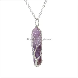 H￤nge halsband l￤kande kristallsten halsbandstr￤d i livstr￥d inslagna naturliga hexagonala punkter h￤nge f￶r kvinnor ametyst turquo dhy5t