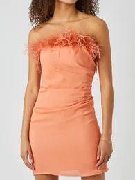 Casual Dresses Customized Evening Women Ostrich Feathers Strapless Slash-neck Party Mini Dress High Quality