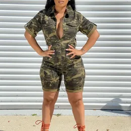 Plus Size S-3XL 4XL 5XL Summer Women Jumpsuits Rompers Shorts Fashion Cardigan Camouflage Jumpsuit Stängd midja vävt bodysuit