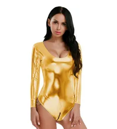 Mulheres sexy figurinas de gato met￡lico brilhante e molhado look de touca de touca de cueca de leotard bodysuit de lingerie de lingerie festas Bodycon Bodycon de volta com z￭per de 3 vias para virilha