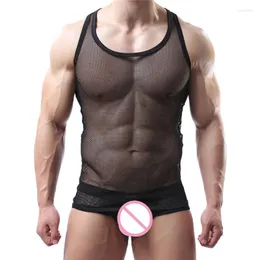 Undershirts Sexy Mens Sleeveless T-shirts Mesh Sheer Tank Tops Male Boxer Shorts Underwear Set Homme Lingerie Or Men Clothes