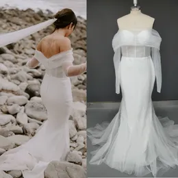 Spiaggia sexy semplice abito da sposa sirena fuori spalla a maniche lunghe di raso sweep treno bohémien boho da sposa abiti da sposa vestidos de noiva personalizzato made personalizzato