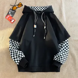 Män s hoodies tröjor män kvinnor pläd är ärm bomulls tröja gotiska lapptäcke långa tröjor koreanska vintage splice hoody punk 220909