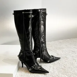 Boots Boots Cagole belt buckle decoration knee high boots women's leather side zipper pointed sexy fashion luxury designer factory shoes walk show boot