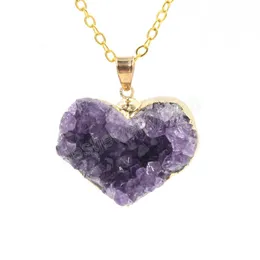 Naturalne kwarcowe kamienie wisiorki dla kobiet złoto kolor serce zawieszenie surowe ametystów klaster fioletowe kryształowe miłośnicy biżuterii bez łańcucha