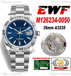 EWF Just 126234 A3235 Automatik-Unisex-Armbanduhr für Herren und Damen, 36 mm, leuchtend blaues, geriffeltes Zifferblatt, Strichmarkierungen, OysterSteel-Armband, Super Edition, Karte der gleichen Serie, Puretime C3