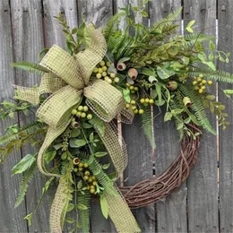 Juldekorationer 35 cm Artificial Green Leaves Wreath Rattan grenar Garland Autumn Farmhouse Ytter Home Decor Wedding Party 220909