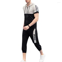 メンズトラックスーツ2022夏の半袖Tシャツスポーツスーツジッパーコントラストカラートップパンツカジュアルスポーツツーピース
